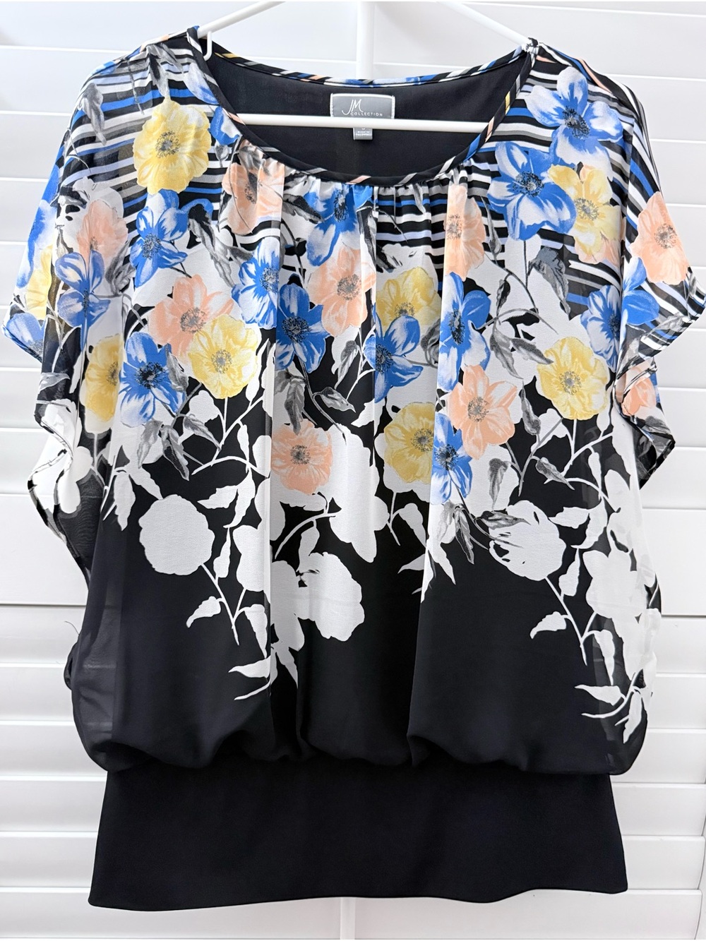 JM Collection Black Floral Blouson Top with Blue, Yellow & Peach Flowers